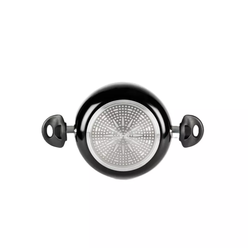 Olla aluminio Vier 22 cm 500-22 con diseño negro, acabado pulido y asas ergonómicas para fácil manejo.