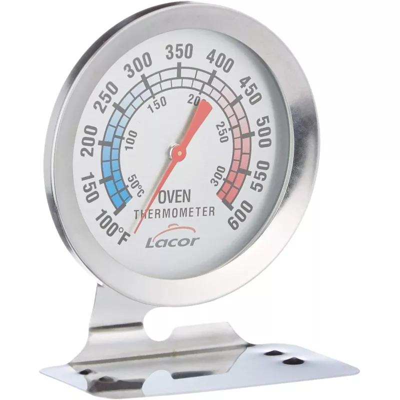 Termómetro de horno con base Lacor 62454 acero inoxidable, diseño circular, rango de 50 a 300 grados Celsius.