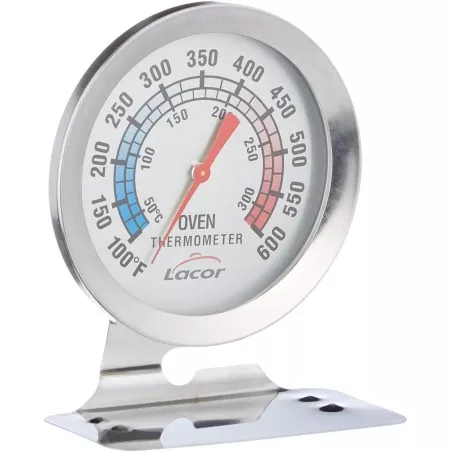 Termómetro de horno con base Lacor 62454 acero inoxidable, diseño circular, rango de 50 a 300 grados Celsius.