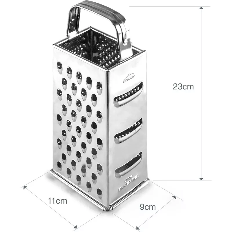 Rallador 4 caras Lacor 60305 acero inoxidable 23 cm con mango ergonómico y diseño funcional para fácil uso.