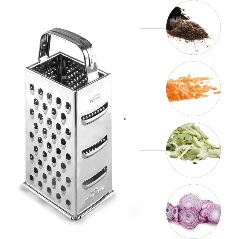 Rallador 4 caras Lacor 60305 en acero inoxidable con mango ergonómico y diseño funcional de 23 cm