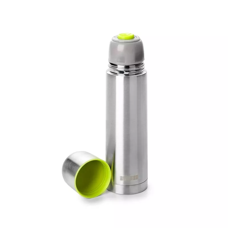 Termo mini líquidos acero inoxidable 150ml Ibili 753802 con acabado pulido y tapa de color verde.