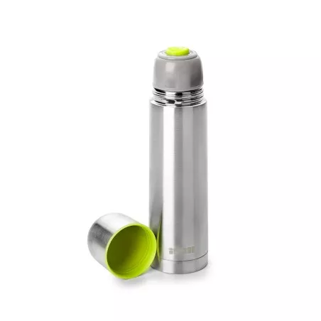 Termo mini líquidos acero inoxidable 150ml Ibili 753802 con acabado pulido y tapa de color verde.
