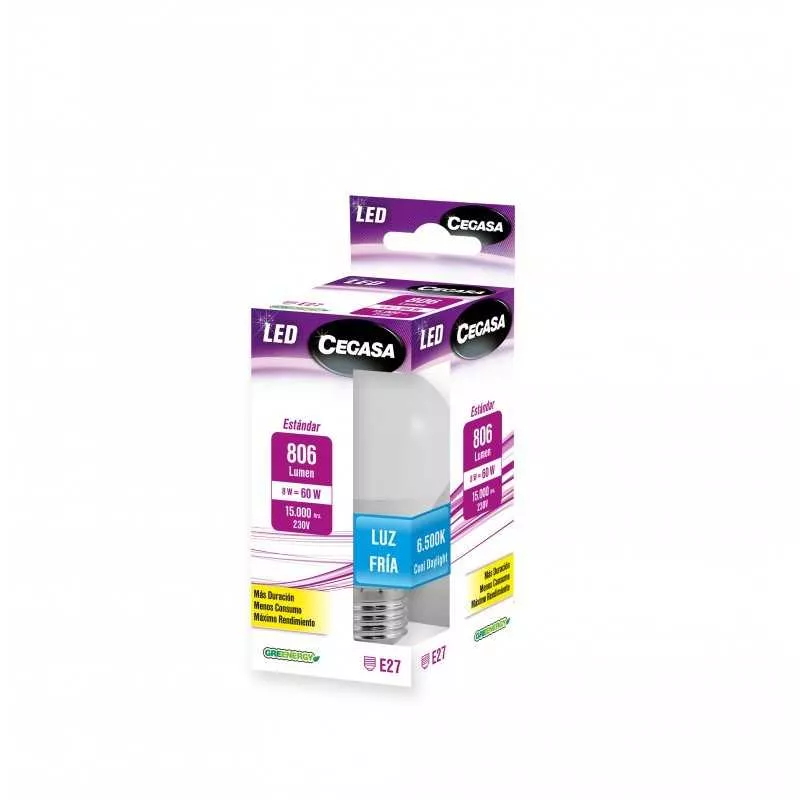 BOMBILLA CEGASA LED STD 8W E27 806 en formato bulbo con acabado blanco y luz fría, ideal para iluminación eficiente.