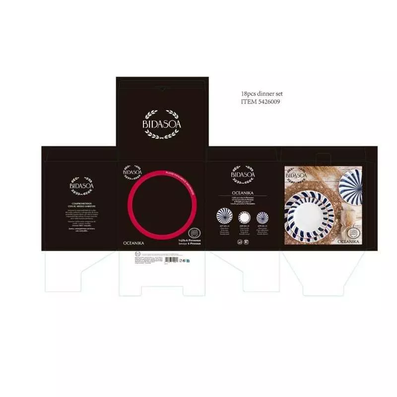 VAJILLA 18 P ARC OCEANIKA BIDASOA PORCELANA con diseño clásico azul y blanco, material durable, incluye platos y tazas.