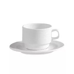 TAZA TE-CALDO CORAL PORVASAL 210CC de cerámica blanca con diseño liso y acabado brillante, incluye plato.