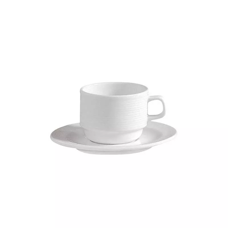 TAZA TE-CALDO CORAL PORVASAL 210CC de cerámica blanca con diseño liso y acabado brillante, incluye plato.