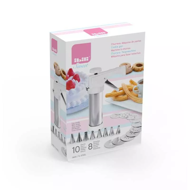 Churrera Ibili 769500 máquina de pastas de acero inoxidable con 10 boquillas y diseño ergonómico.
