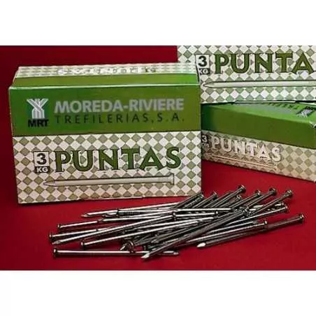 Puntas hierro cabeza plana 23x150 mm Moreda Riviere, acabado brillante en caja de 3 kg para uso industrial.