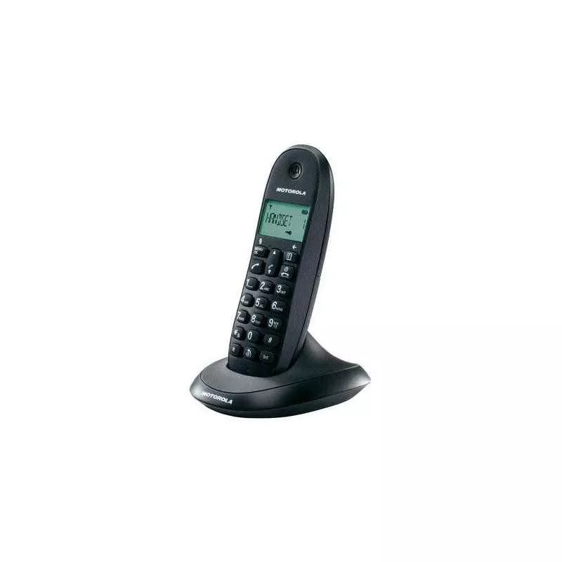 Teléfono Motorola Negro C1001LB con diseño ergonómico, pantalla LCD y teclas grandes para fácil marcación.