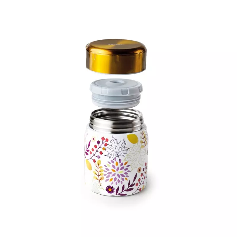 Termo sólidos acero inoxidable 0,5L Ibili Hojas 721450H con diseño floral, tapa dorada y material resistente.