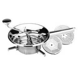 Pasapurés 24 cm 3 discos Lacor 60027 de acero inoxidable con acabado brillante y diseño funcional para triturar alimentos.