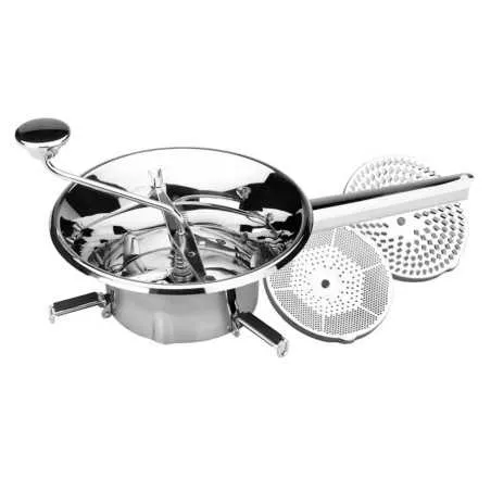 Pasapurés 24 cm 3 discos Lacor 60027 de acero inoxidable con acabado brillante y diseño funcional para triturar alimentos.