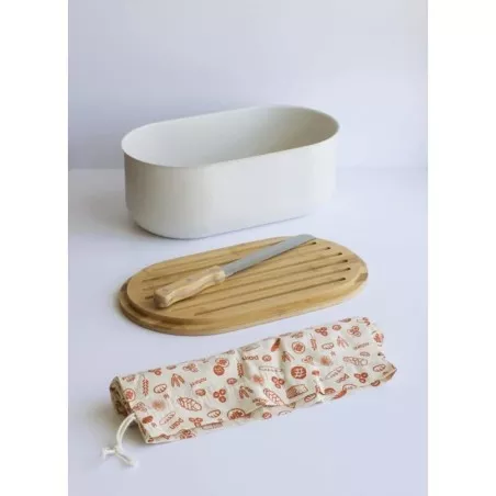 Panera rectangular bambú 36x20cm Kuhn Rikon Pebbly con diseño moderno, acabado natural y tapa blanca.
