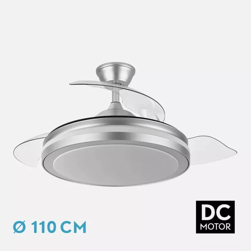 Ventilador techo Fabrilamp Esparta 107cm DC LED 59W en acabado plateado, diseño moderno con 6 velocidades y aspas transparentes.