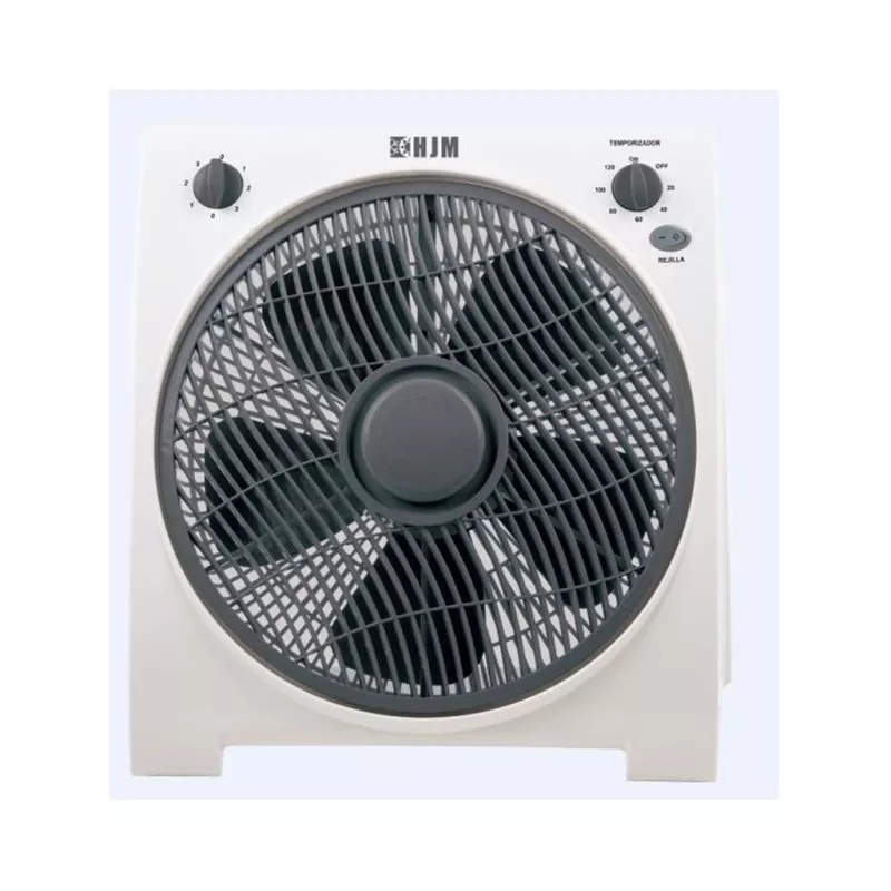 Ventilador box fan HJM VB30 30cm 45W 3 velocidades blanco y gris con diseño compacto y rejilla de seguridad.