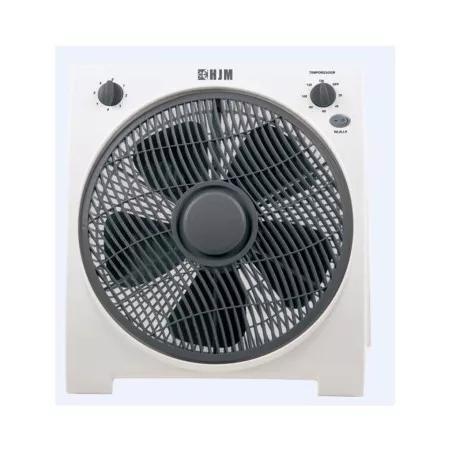Ventilador box fan HJM VB30 30cm 45W 3 velocidades blanco y gris con diseño compacto y rejilla de seguridad.