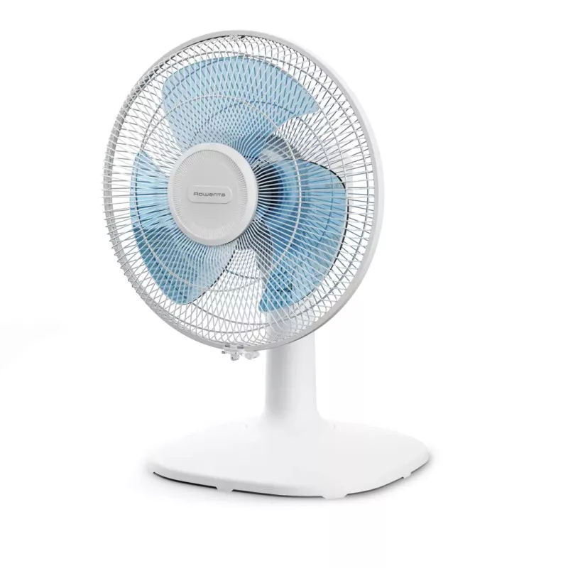 Ventilador sobremesa Rowenta VU2330F2 30cm 35W, diseño compacto blanco con tres velocidades y aspas azules.