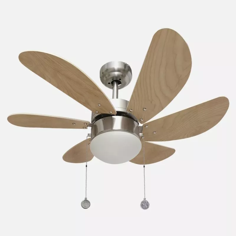 Ventilador techo Fabrilamp Delfín 85cm E27 níquel con aspas de madera de haya y diseño moderno minimalista