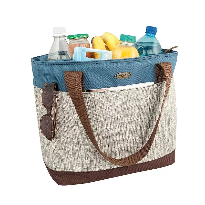 Bolsa térmica Campingaz Entertainer 16L en azul con acabado de poliéster y asas de cuero para facilitar el transporte