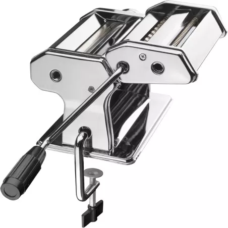 LAMINADOR PASTA LACOR RFª 60390 de acero inoxidable brillante, diseño manual y sistema de ajuste de grosor.