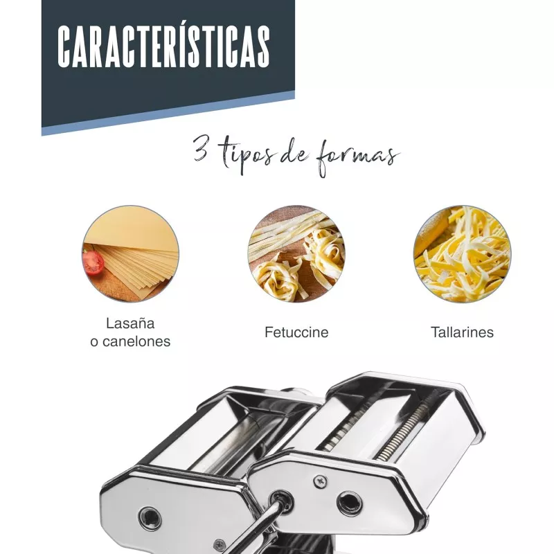LAMINADOR PASTA LACOR RFª 60390 de acero inoxidable con 3 tipos de forma para lasaña, fettuccine y tallarines