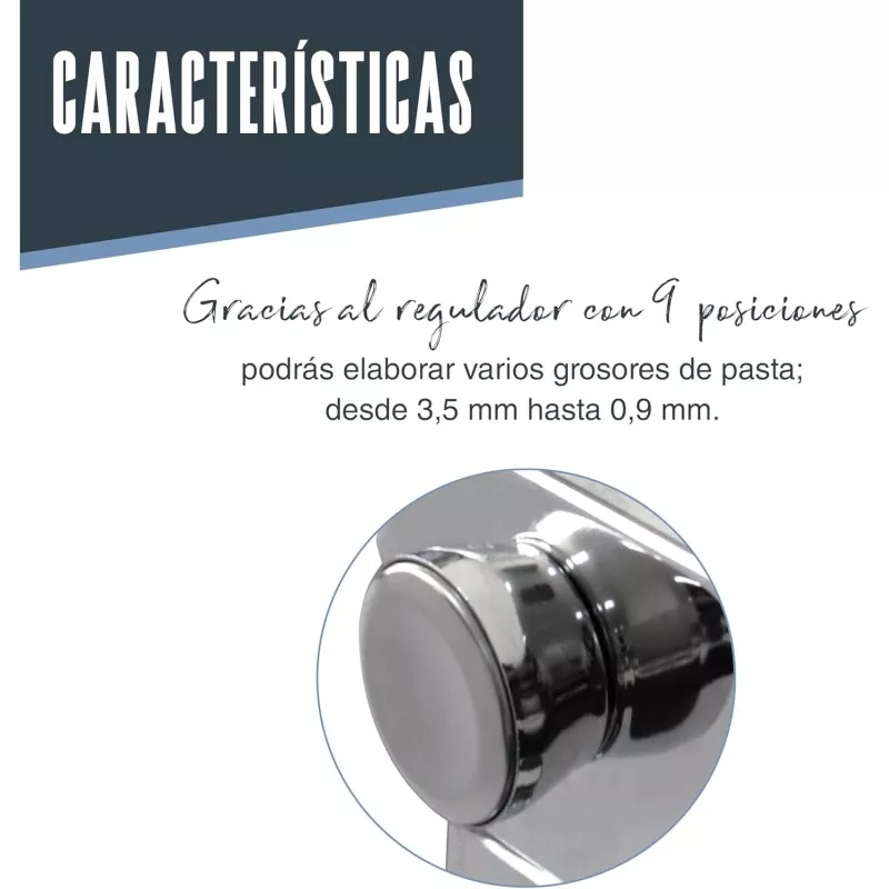 LAMINADOR PASTA LACOR RFª 60390 de acero inoxidable con regulador y 9 posiciones para grosores de pasta ajustables.