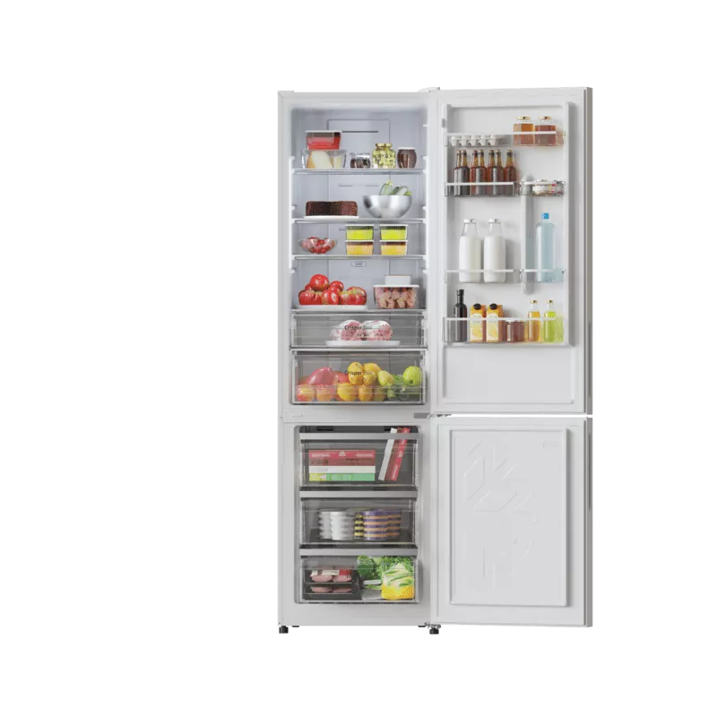 Frigorífico combi Cecotec Bolero 356 2420 NoFrost blanco con diseño moderno y espacioso, sistema NoFrost y estantes de cristal.