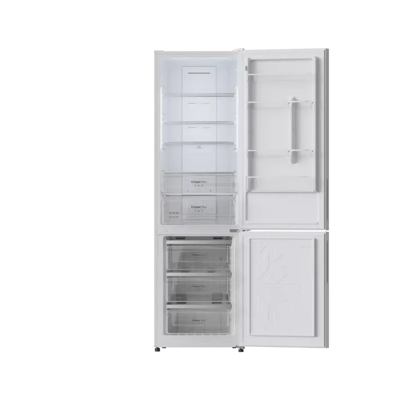 Frigorífico combi Cecotec Bolero 356 2420 NoFrost blanco con diseño moderno y estantes de cristal ajustables.