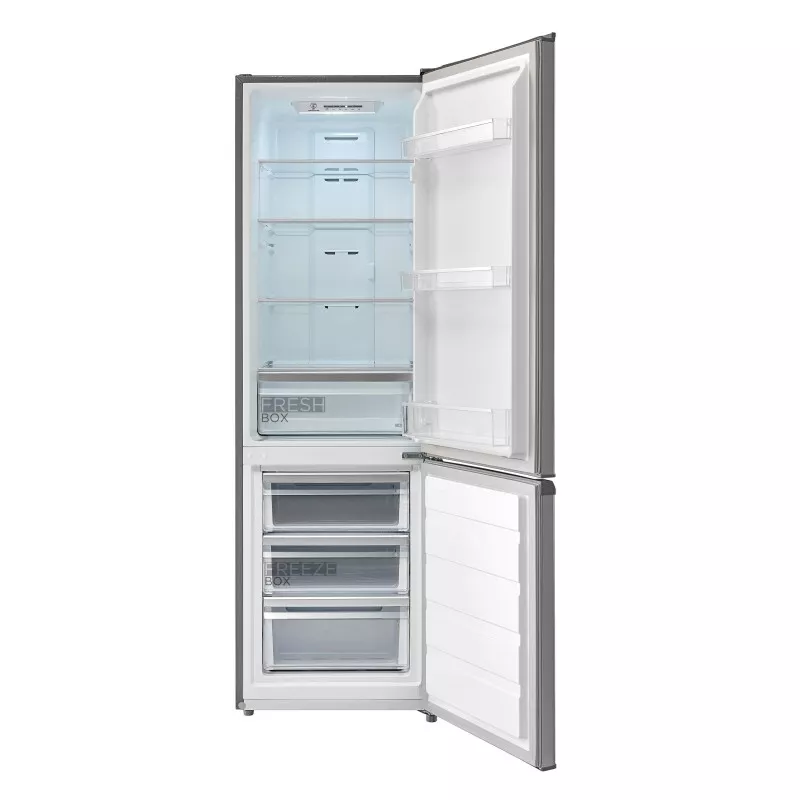 Frigorífico combi Midea MDRB380FGE02A NoFrost 180 inox con acabado en acero inoxidable y diseño de doble puerta.