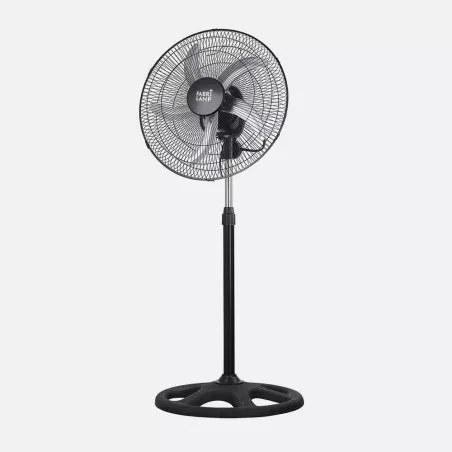 Ventilador de pie Fabrilamp Reforzado 75W 3V negro con rejilla metálica y base estable para mayor durabilidad.