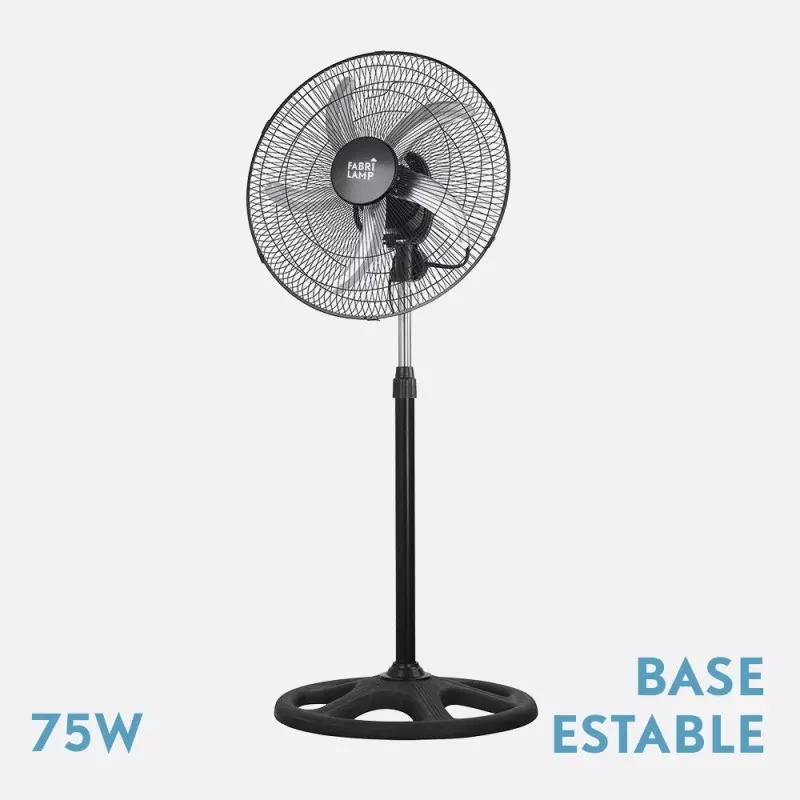 Ventilador de pie Fabrilamp Reforzado 75W 3V negro con base estable y diseño robusto para uso prolongado.