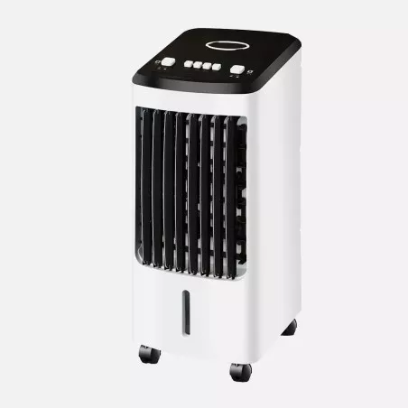 Climatizador evaporativo Fabrilamp Remolino 80W 3V en color blanco con diseño moderno y portátil, ideal para espacios pequeños.