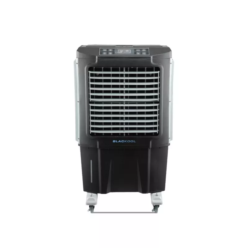 Climatizador evaporativo industrial M Confort Blackool 6 220W color negro con diseño compacto y ruedas para fácil movilidad