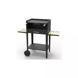 Barbacoa carbón y leña FM BV-11 negra con mesa lateral de madera y ruedas para fácil movilidad