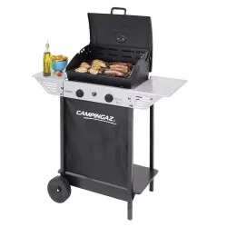 Barbacoa de gas Coleman Xpert 100L 2 quemadores 7100W negra con estructura metálica y patas robustas.