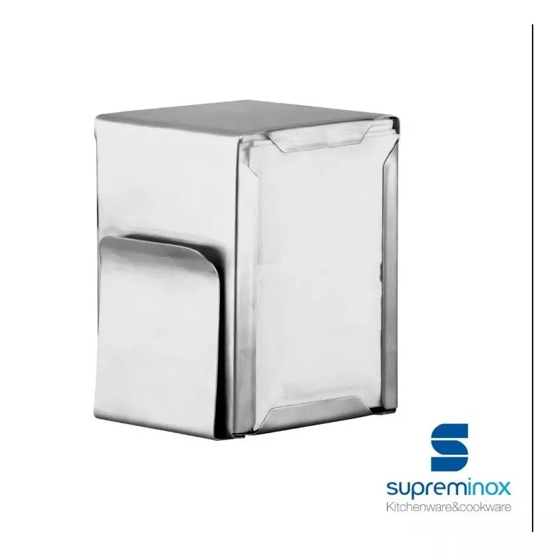 Servilletero metálico con portacartas Supreminox 8059C en acabado brillante, diseño moderno y estructura resistente.