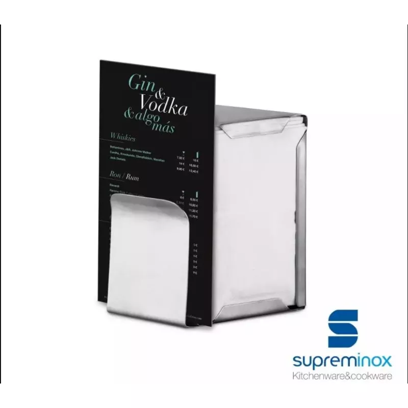 Servilletero metálico con portacartas Supreminox 8059C pulido, diseño moderno y compacto, ideal para mesas contemporáneas.
