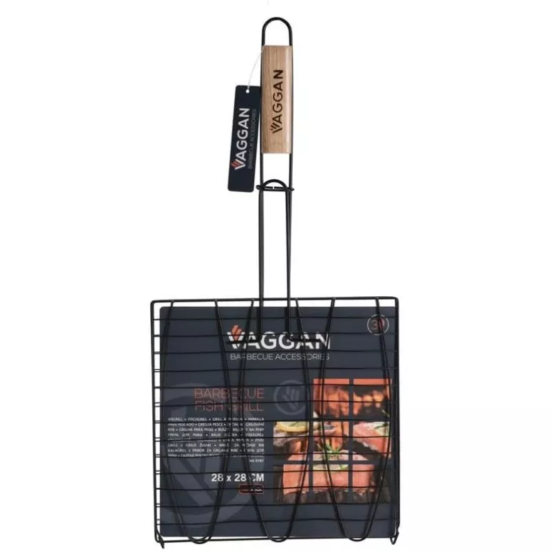 PARRILLA PESCADO 28*28 VAGGAN de acero negro con mango de madera para asar al grill y disfrutar de tus recetas.