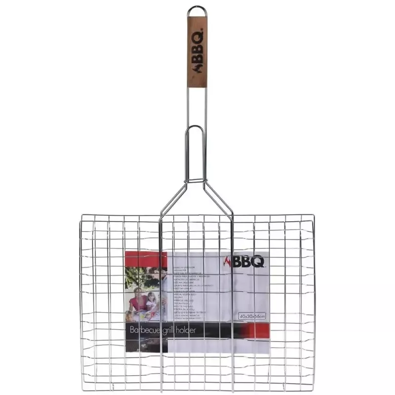 PARRILLA DOBLE BBQ 40X30 050121 de acero inoxidable con mango de madera y diseño de malla amplia para alimentos.