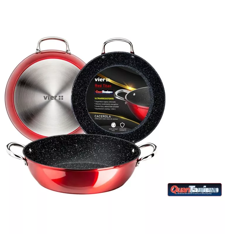 Cacerola Vier Red 32 cm de aluminio forjado inducción con acabado en color rojo brillante y tapa de acero inoxidable.