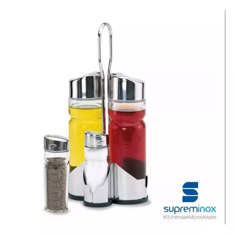 VINAGRERA 4 P INOX 1429 SUPREMINOX set de condimentos de acero inoxidable con tapa cromada y diseño moderno