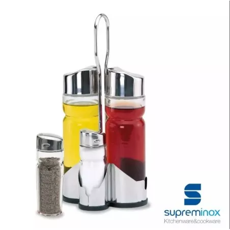 VINAGRERA 4 P INOX 1429 SUPREMINOX set de condimentos de acero inoxidable con tapa cromada y diseño moderno