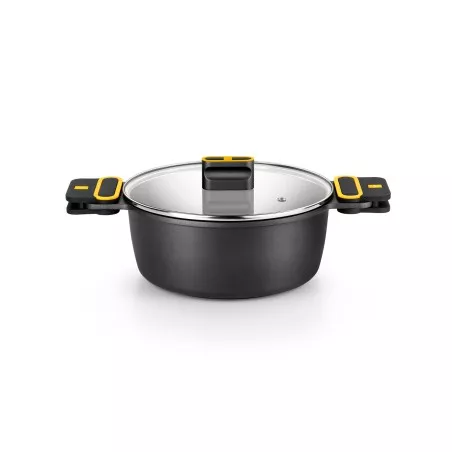 Cacerola alta Bra Daily Pro 24 cm de aluminio inducción negra con tapa y mangos de silicona amarillos