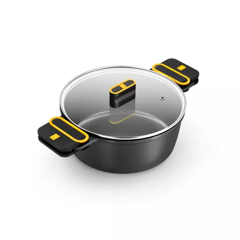 Cacerola alta Bra Daily Pro 32 cm de aluminio para inducción, con tapa de vidrio y asas ergonómicas en negro y amarillo