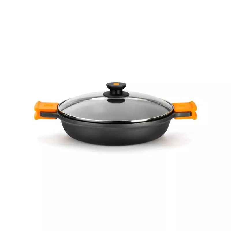Cacerola baja Bra Efficient 20 cm de aluminio fundido con tapa de vidrio y asas naranjas para inducción