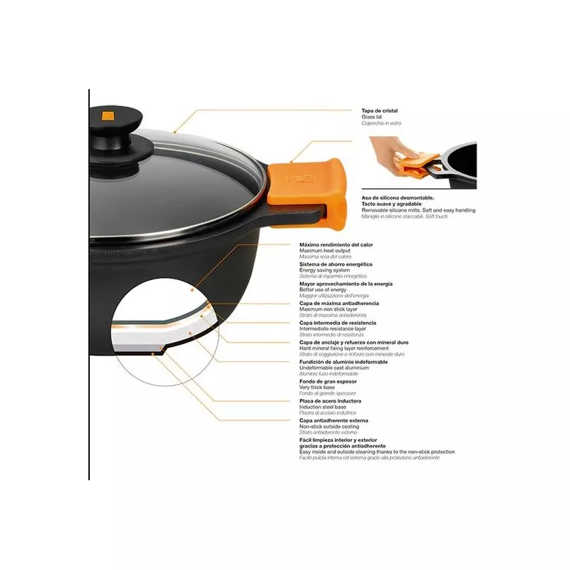 Cacerola baja Bra Efficient 20 cm de aluminio fundido inducción, color negro con tapa y mango naranja ergonómico.