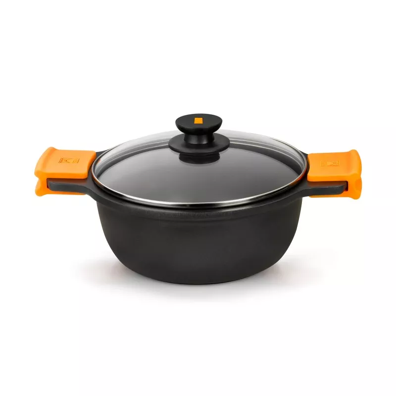 Cacerola alta Bra Efficient 20 cm de aluminio fundido negro con tapa de cristal y asas naranjas para inducción