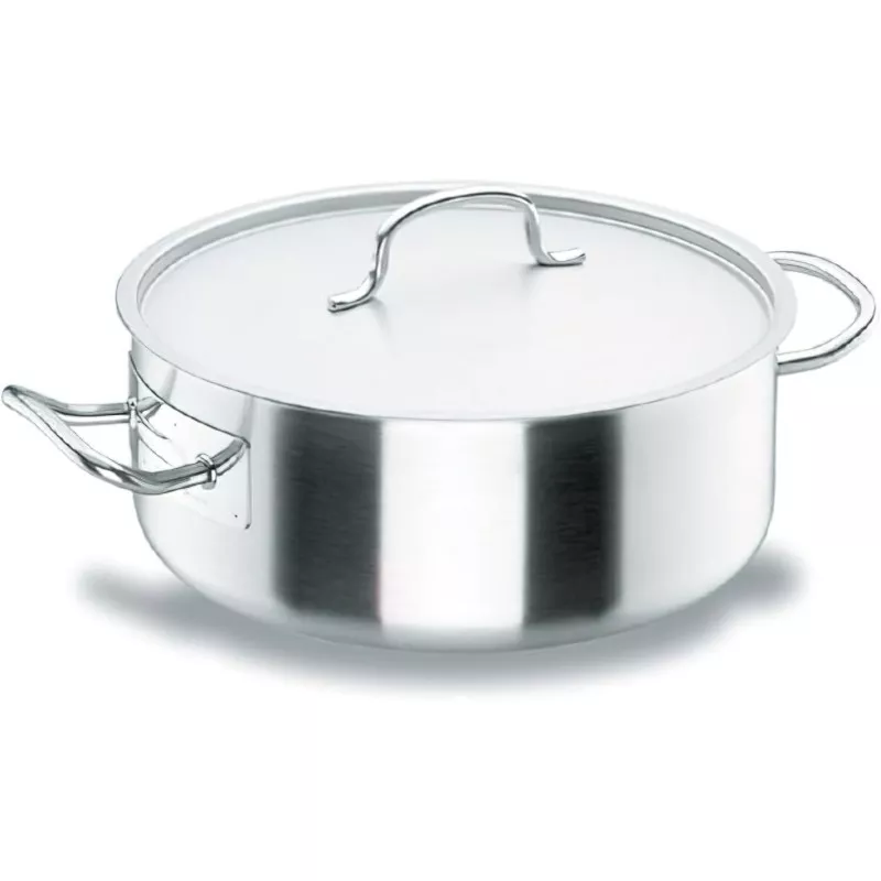 Cacerola baja Lacor Chef 40 cm 19,4 L de acero inoxidable con tapa y asas ergonómicas, ideal para cocinar.