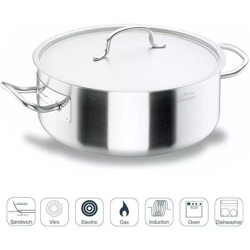 Cacerola baja Lacor Chef 40 cm 19,4 L de acero inoxidable con tapa, diseño elegante y compatible con inducción.